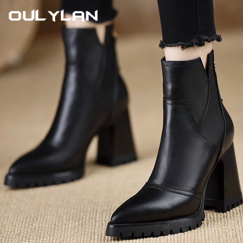 Women'S Fashion Leather Boots - Oulylan Thick High-heeled Women Shoes Retro