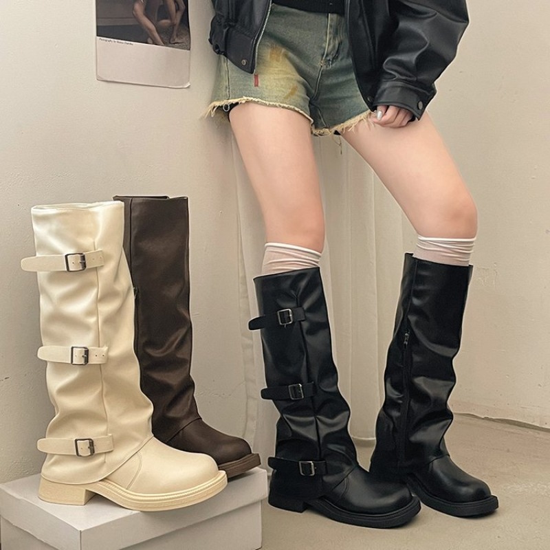 Women'S Fashion Leather Boots - Pleated Buckle Knight Boots for Women