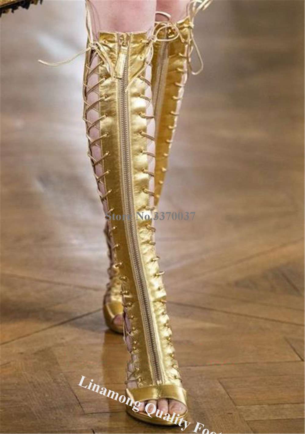 Linamong Gold Leather Thin Hee - Women'S Fashion Leather Boots 评论和价格