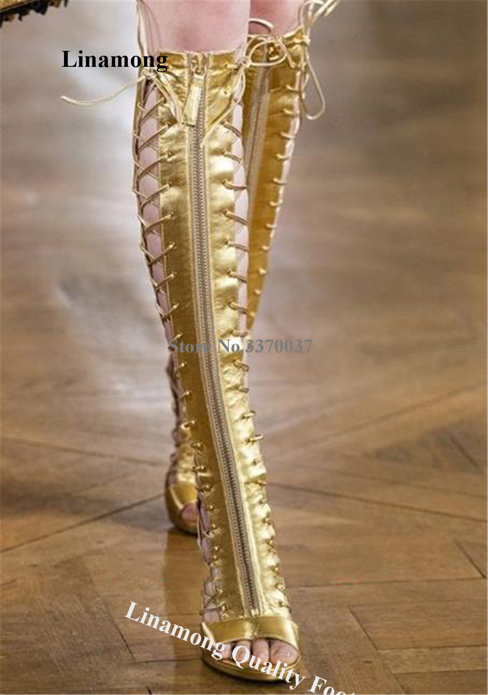 Linamong Gold Leather Thin Hee - Women'S Fashion Leather Boots 评论和价格
