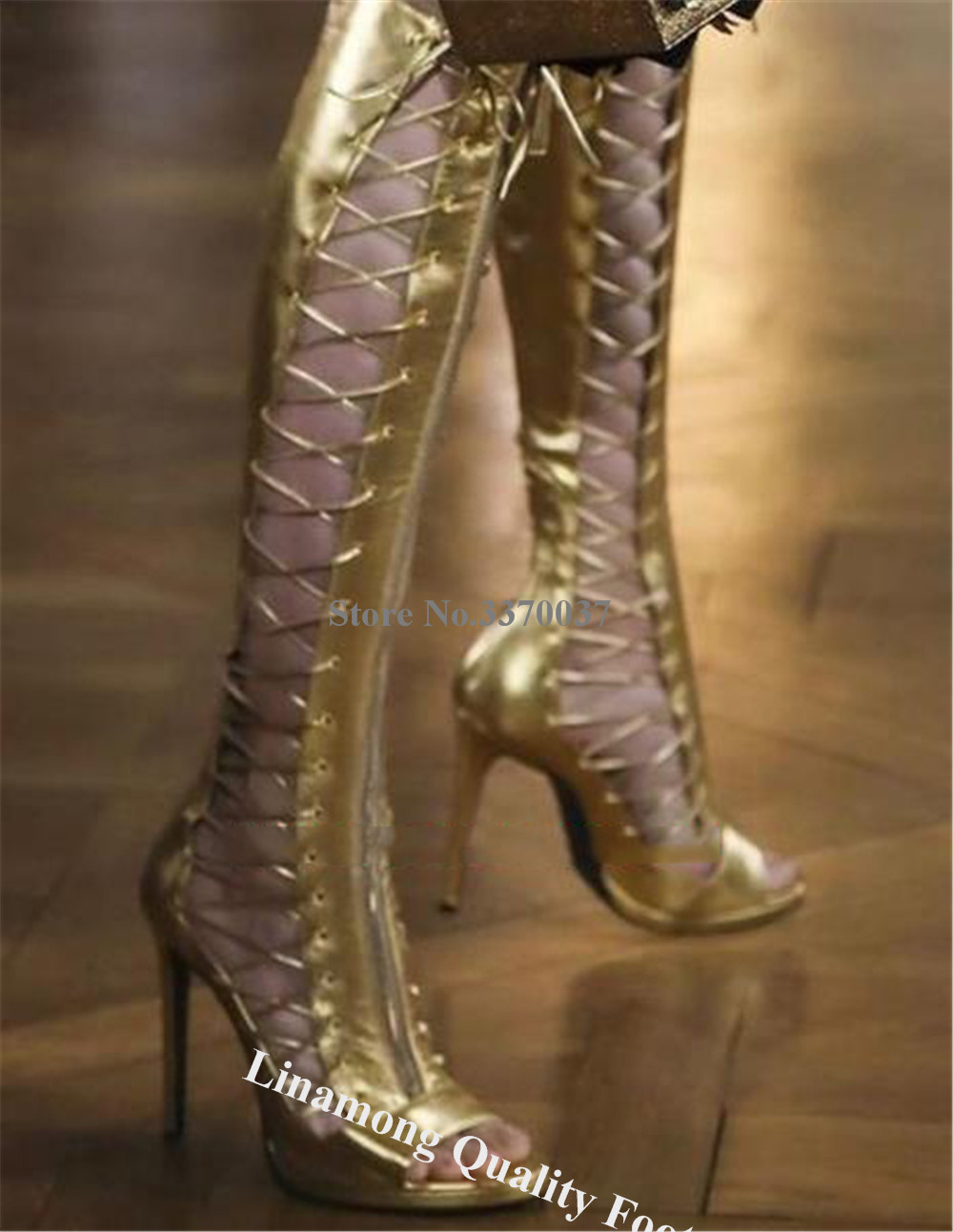 Linamong Gold Leather Thin Hee - Women'S Fashion Leather Boots 评论和价格
