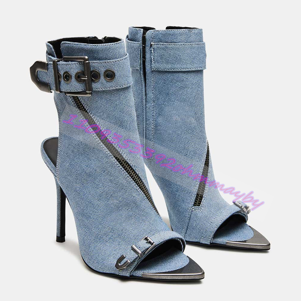 Summer Blue Denim Pointed-Toe  - Women'S Fashion Leather Boots 评论和价格