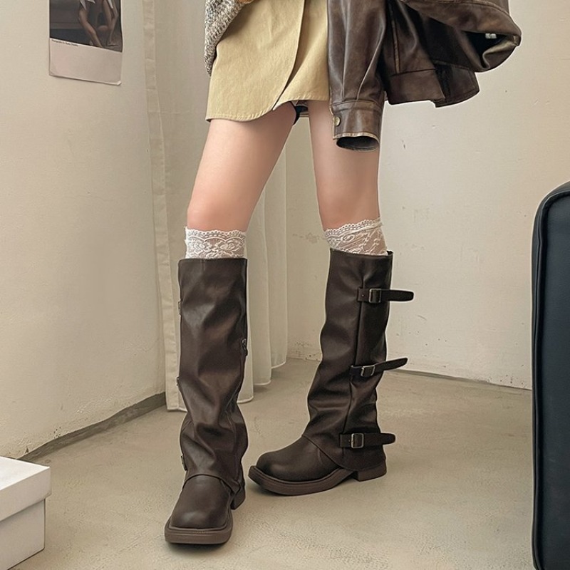 Pleated Buckle Knight Boots fo - Women'S Fashion Leather Boots 评论和价格