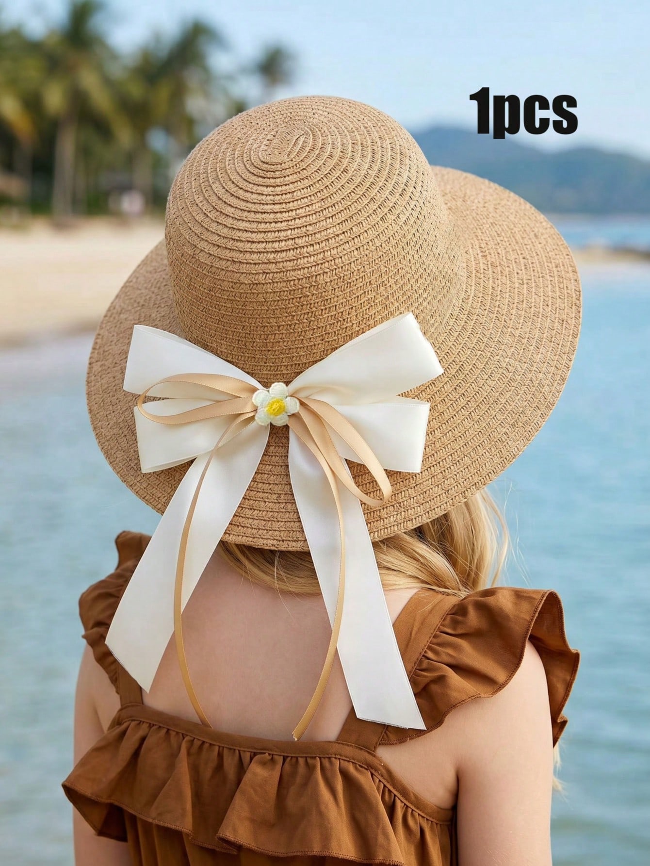 1Pc 3-8Y Girls Coffee Bow Stra - Straw Hat Summer 评论和价格