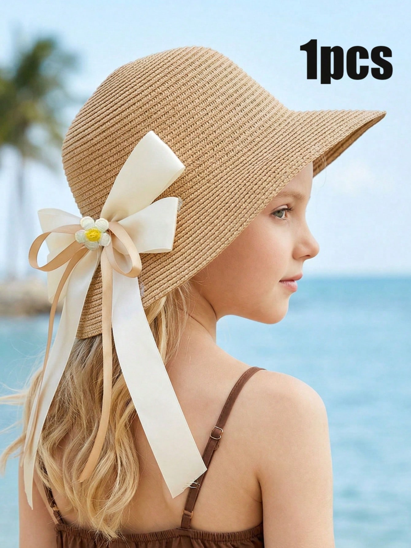 1Pc 3-8Y Girls Coffee Bow Stra - Straw Hat Summer 评论和价格
